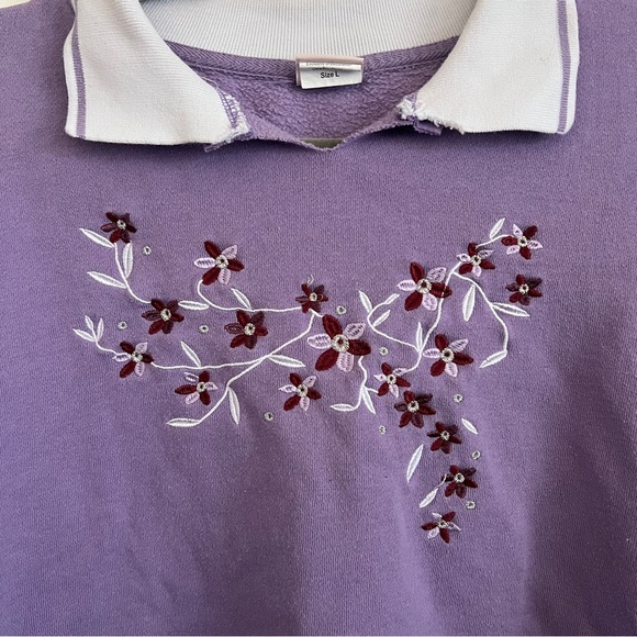 Adrian Daltfeld Lavender Floral Embroidered Collared Sweatshirt Pullover-Size L - Picture 2 of 9